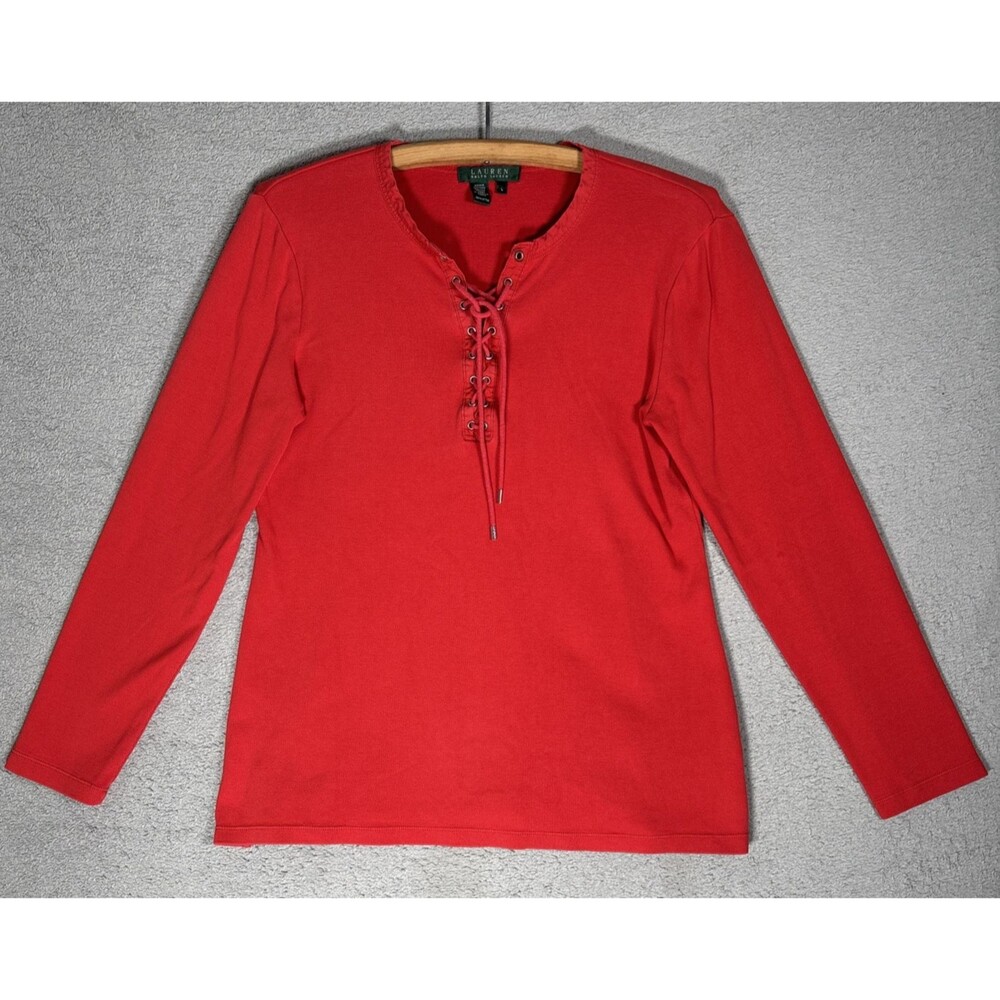 VNTG Lauren Ralph Lauren Henley Peasant Top Womens Size L Red Cotton Y2K Lace Up